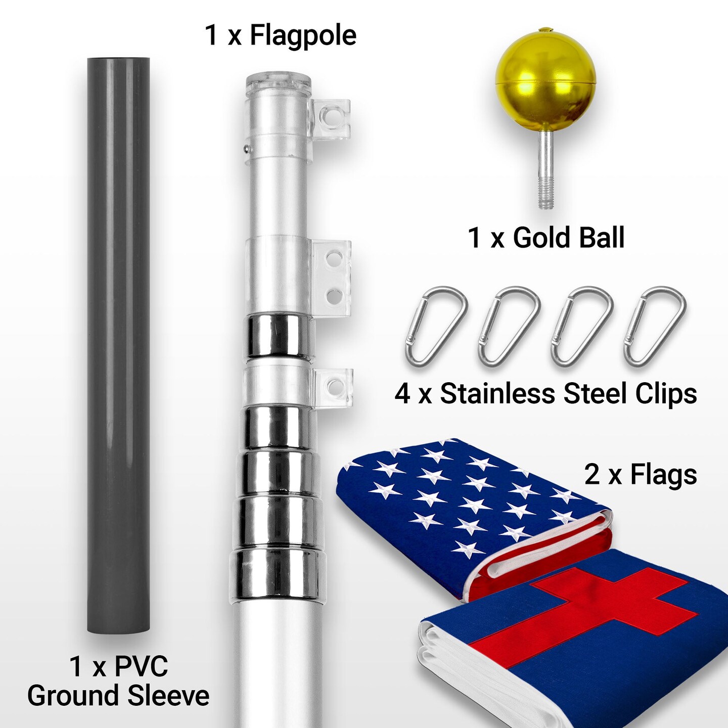 G128 Combo Pack: 25 Ft Telescoping Aluminum Flagpole (Silver) &#x26; American and Christian Flags 3x5 Ft, Both StormFlyer Series Embroidered 220GSM Spun Polyester | Pole with Flags Included