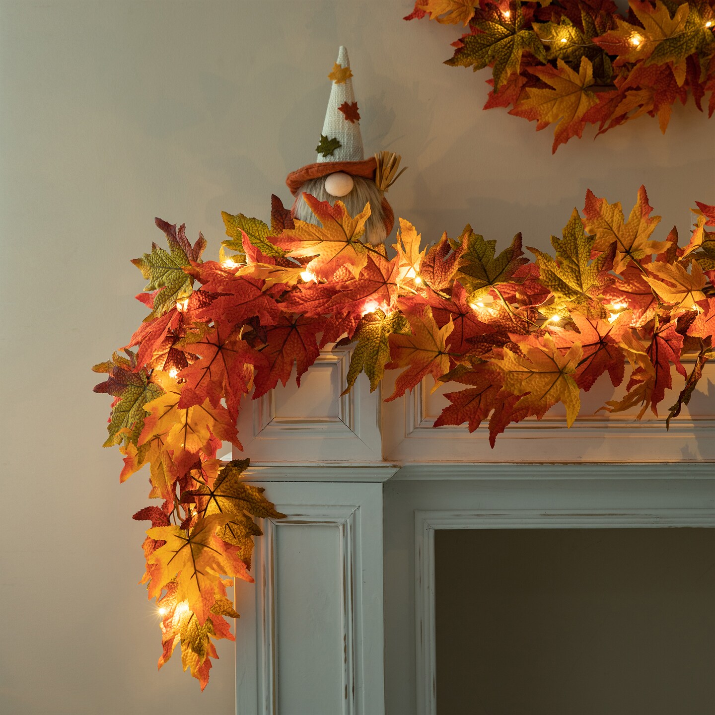 Set of 2 Fall Lighted Maple Leaves Wreath/Garland with Timer