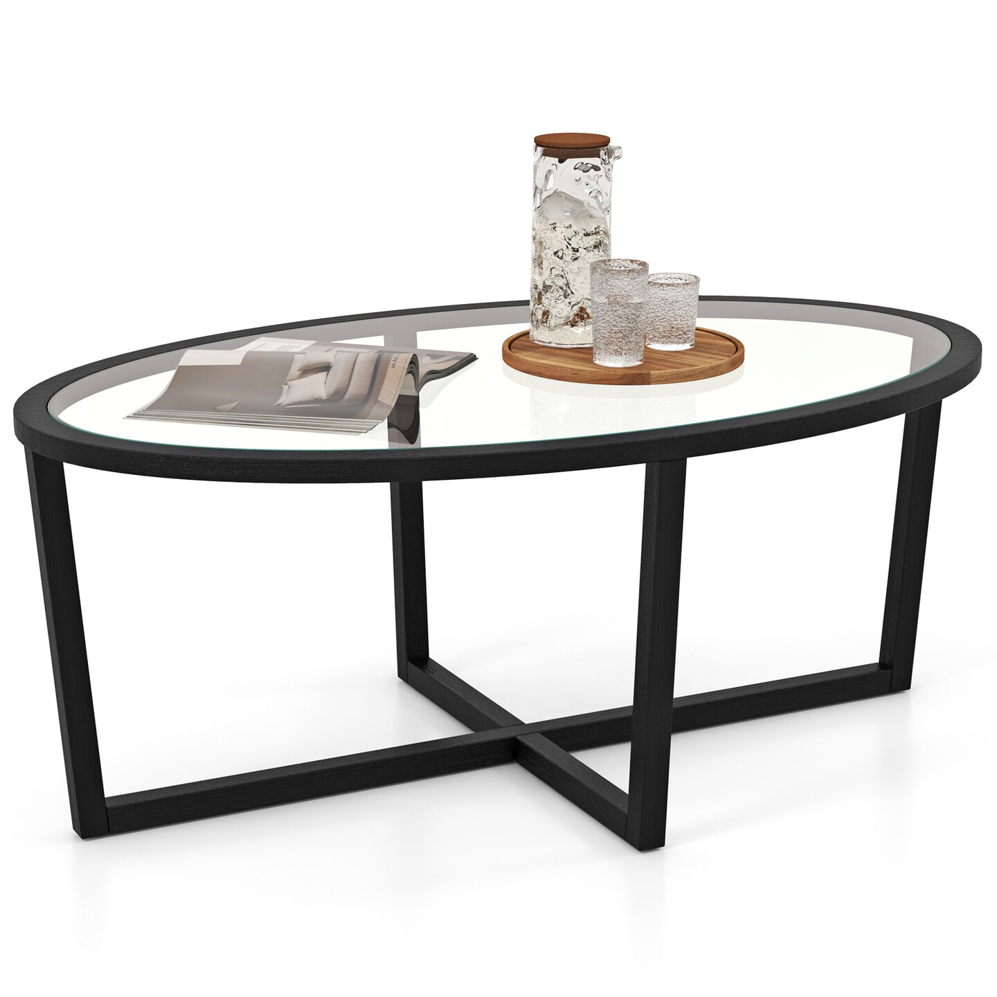 Glass Coffee Table Oval Living Room Table with Cross Base and Acacia Wood Legs - 46.5&#x22; x 28&#x22; x 18.5&#x22; (L x W x H)