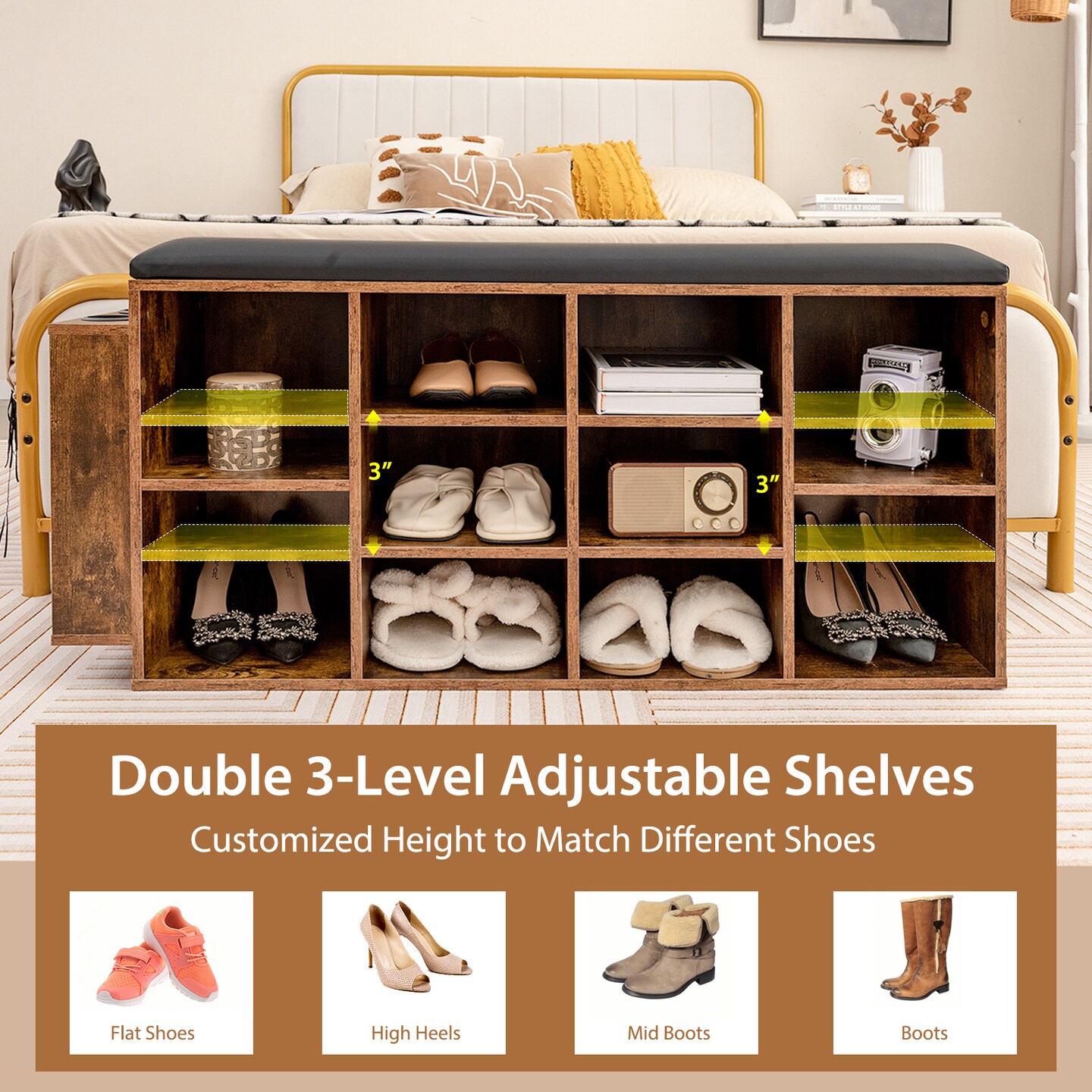 Shoe Storage Bench with Umbrella Stand and Adjustable Shelf-Rustic Brown - 43.5" x 12" x 20.5"