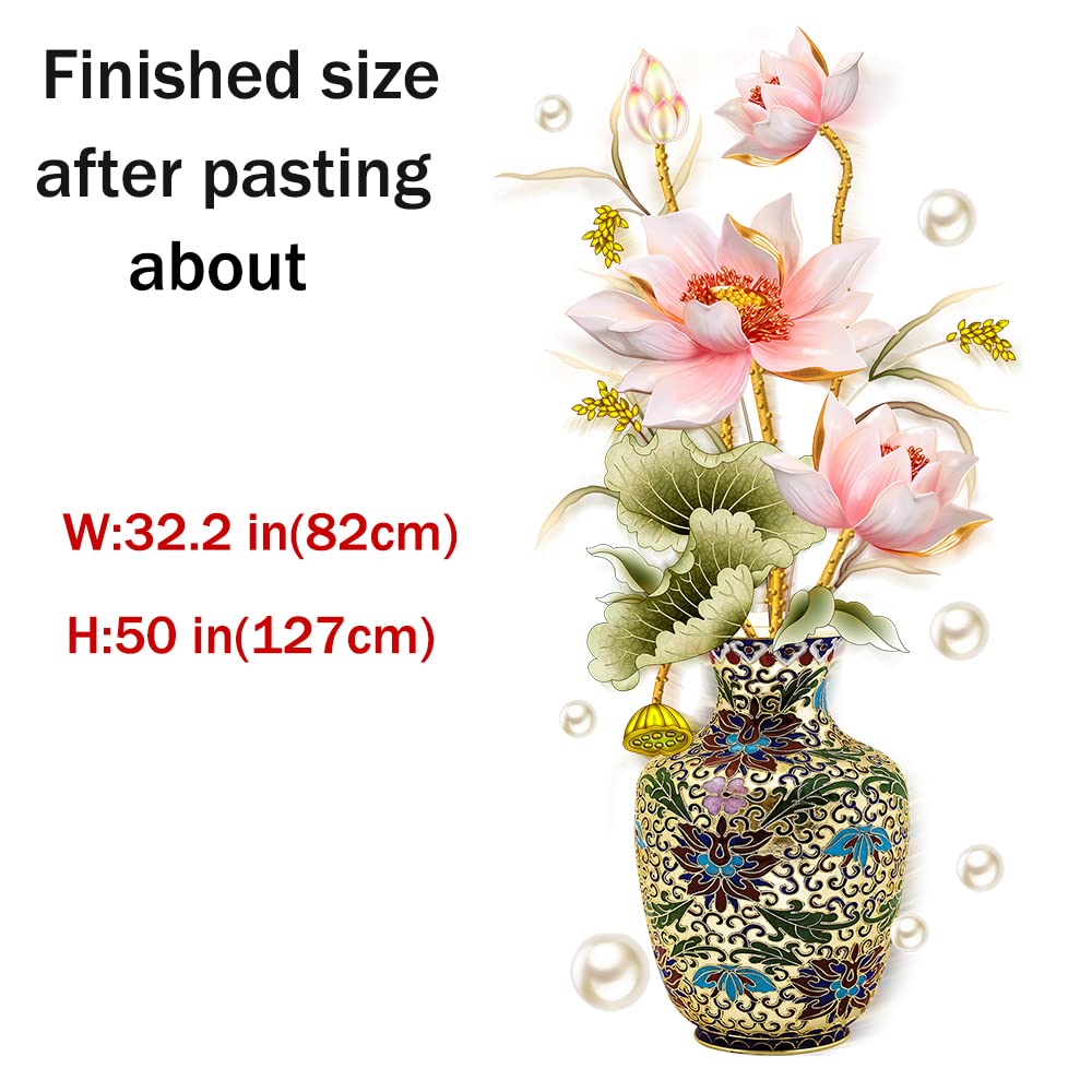 Dechom Chinese Style Lotus Flower Classical Vase Wall Sticker Pearl Living Room Art Wall Decals Home Entrance Backdrop Decoration