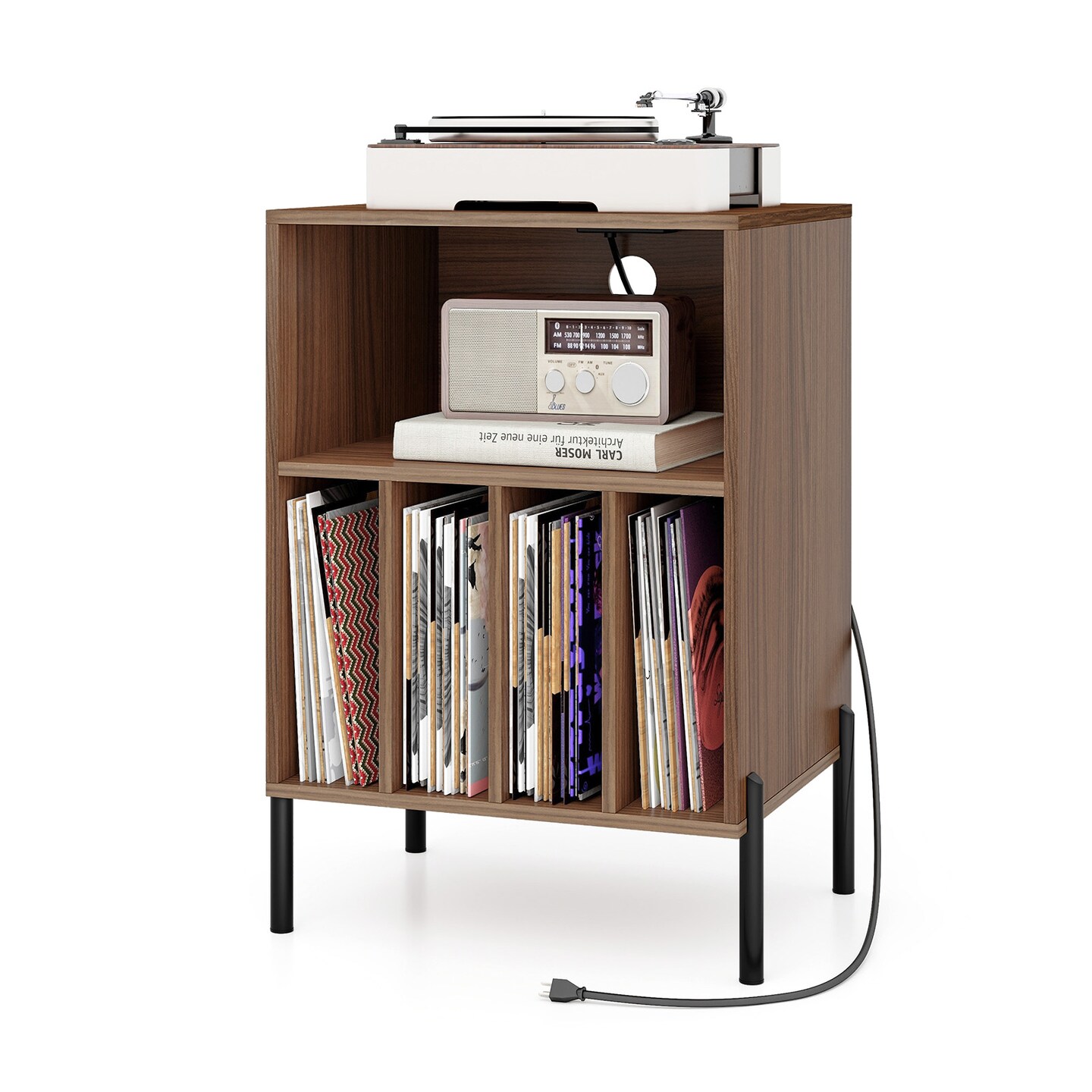 Record Player Stand with Record Storage Shelf and Charging Station - 21&#x22;L x 18&#x22;W x 31&#x22;H