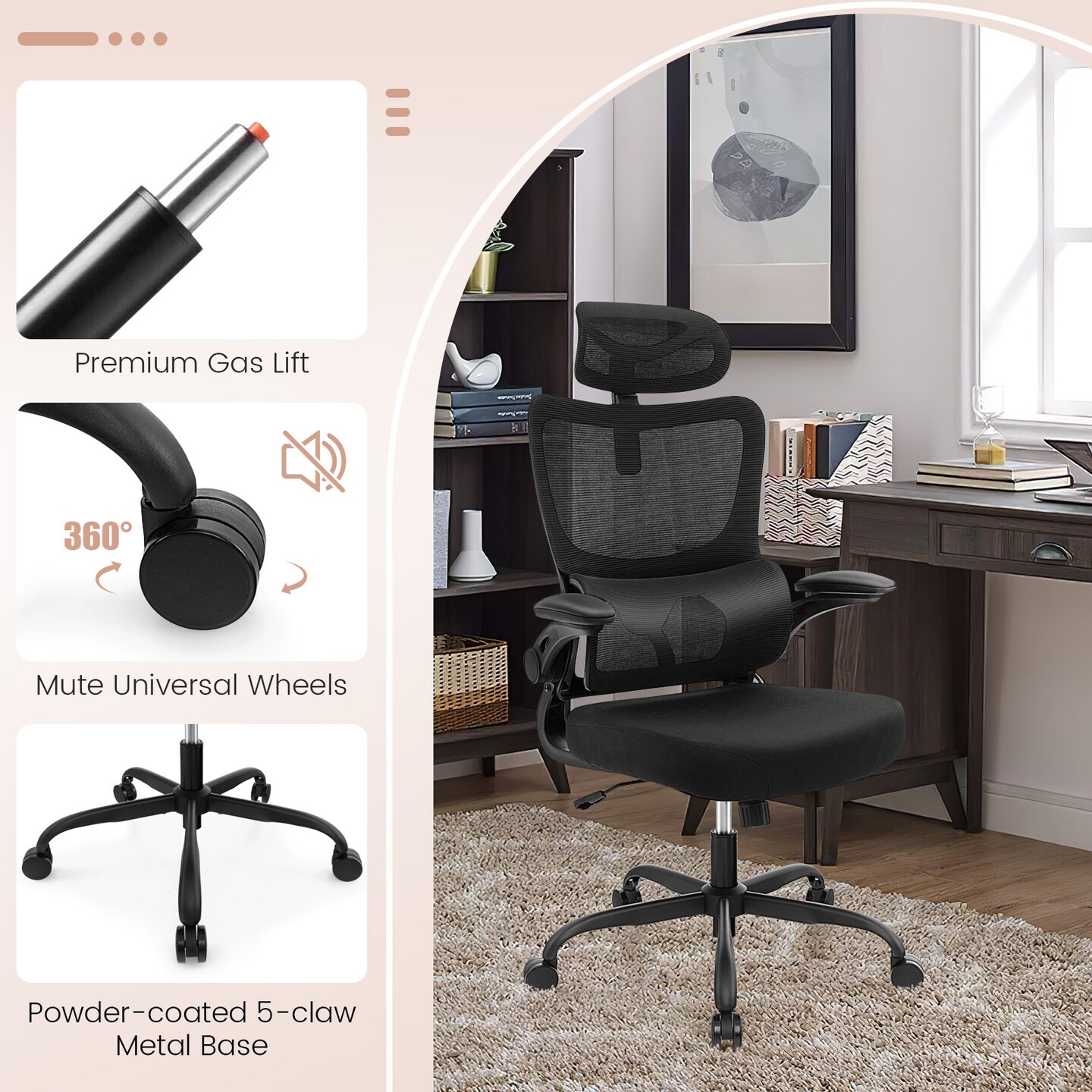 Mesh Office Chair with Adaptive Lumbar Support  Flip-up Armrests  Reclining Backrest-Black