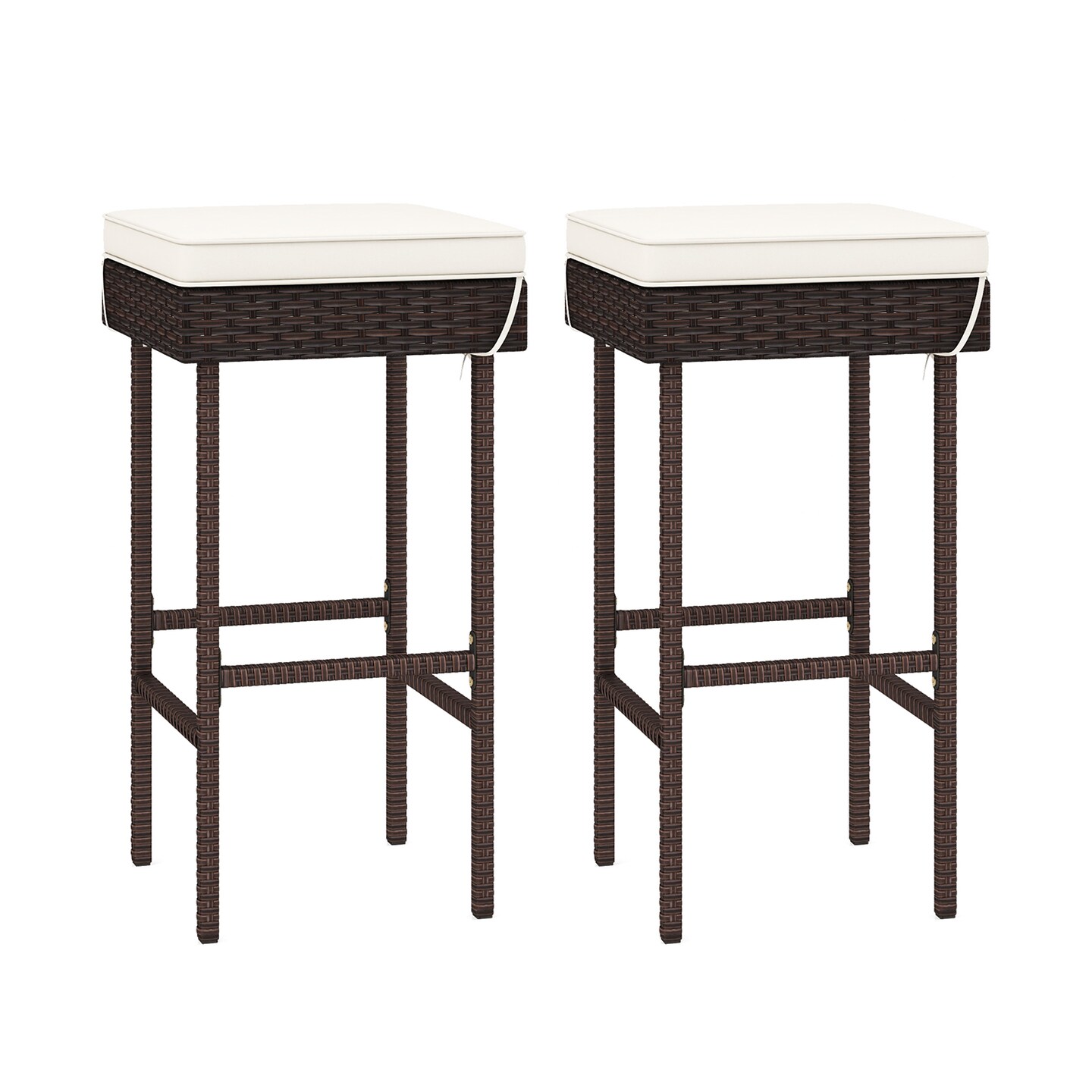 Patio Rattan Barstools Set of 2 with Footrest and Soft Cushions for Backyard Balcony