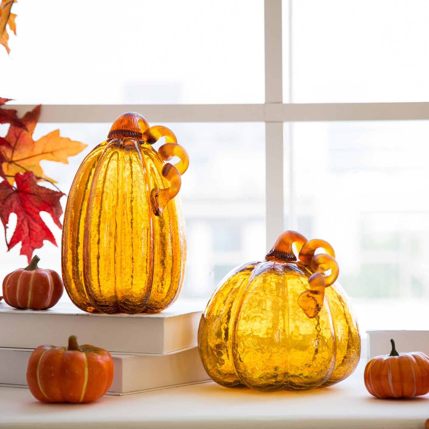 Set of 2 Handmade Amber & Crackle Glass Pumpkin