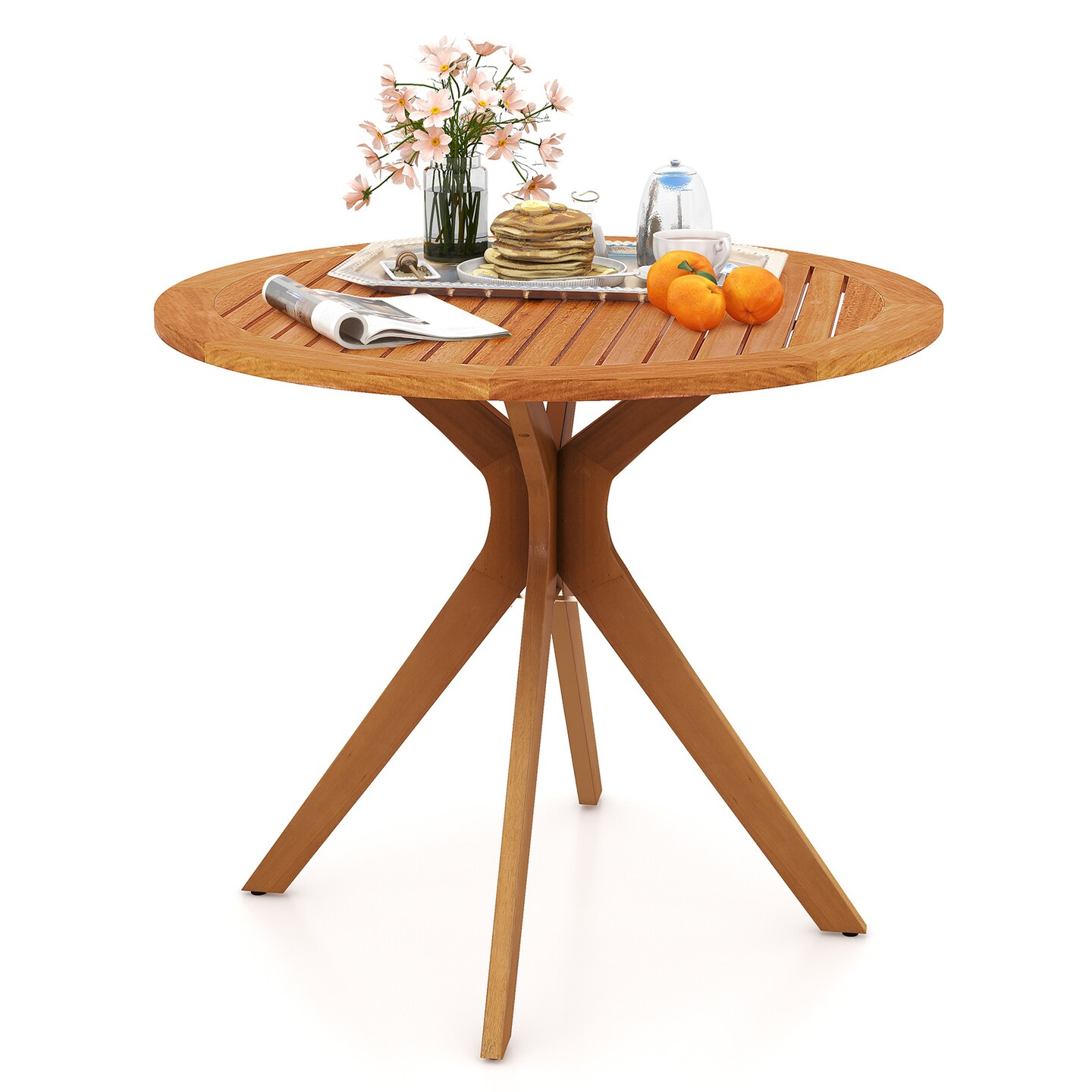Patio Dining Table Round 35.5 Inch Eucalyptus Wood Slatted Outdoor Table Teak