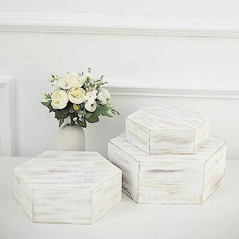 3 Whitewashed Wooden CAKE STAND Hexagonal Dessert Display Boxes Party Events