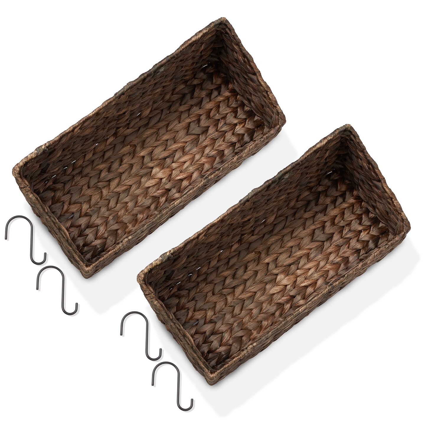 Casafield Set of 2 Hanging Baskets with Hooks, Water Hyacinth Woven Wall Mounted Storage Bins for Kitchen, Bathroom, Laundry Room, Home Office