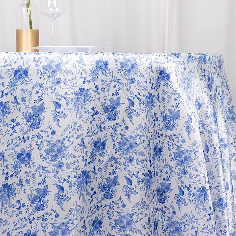 120 in White Satin Round TABLECLOTH Blue Floral Print Party Events Decorations