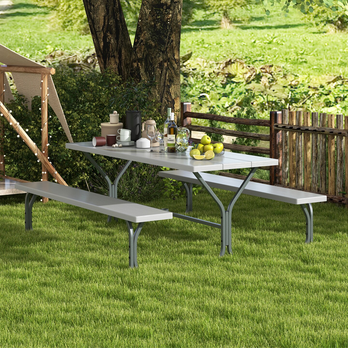 6 FT Picnic Table Bench Set Dining Table and 2 Benches with Metal Frame and HDPE Tabletop