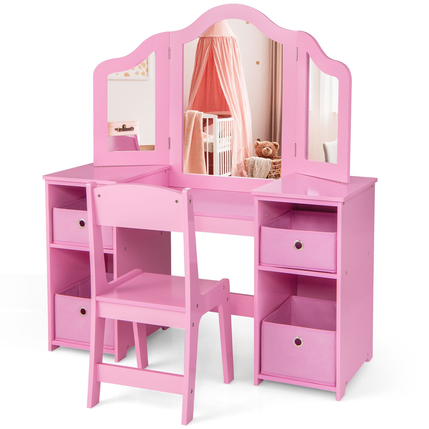 Kids Vanity Table and Chair Set with Removable Mirrors and 4 Storage Bins