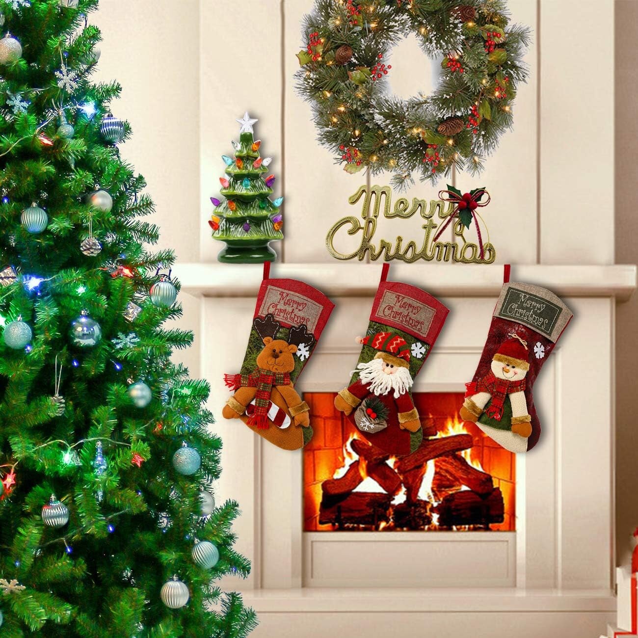 3PCS 18&#x22; Christmas Stocking Classic Large Stockings Santa, Snowman, Reindeer Xmas Character for Family Holiday Christmas Party Decorations