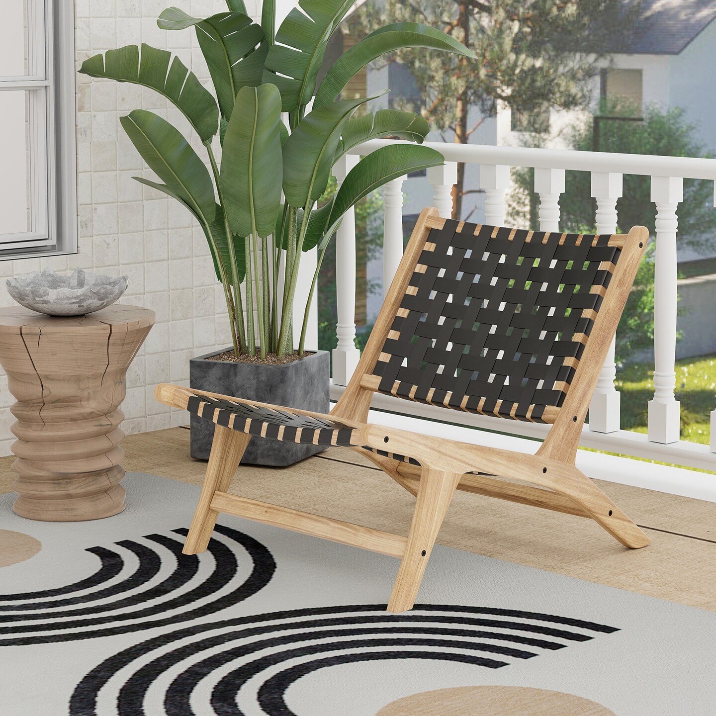 Armless Teak Wood Lounge Chair with Durable Nylon Woven Backrest - 25.5 L x 32 W x 27.5 H