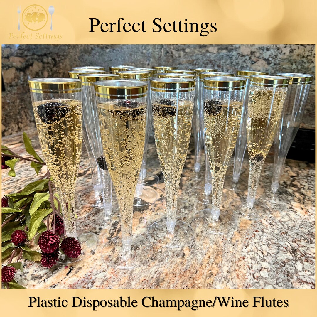 Perfect Settings 100 Pack Plastic Champagne Flutes with Gold Rim | Disposable Glasses for Parties, Mimosa Bar, Weddings and Celebrations