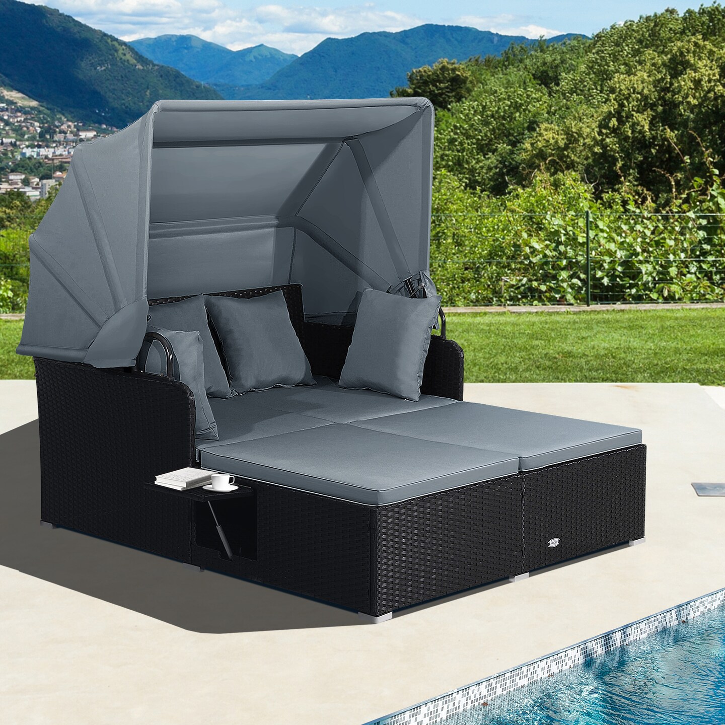 Patio Rattan Daybed with Retractable Canopy and Side Tables