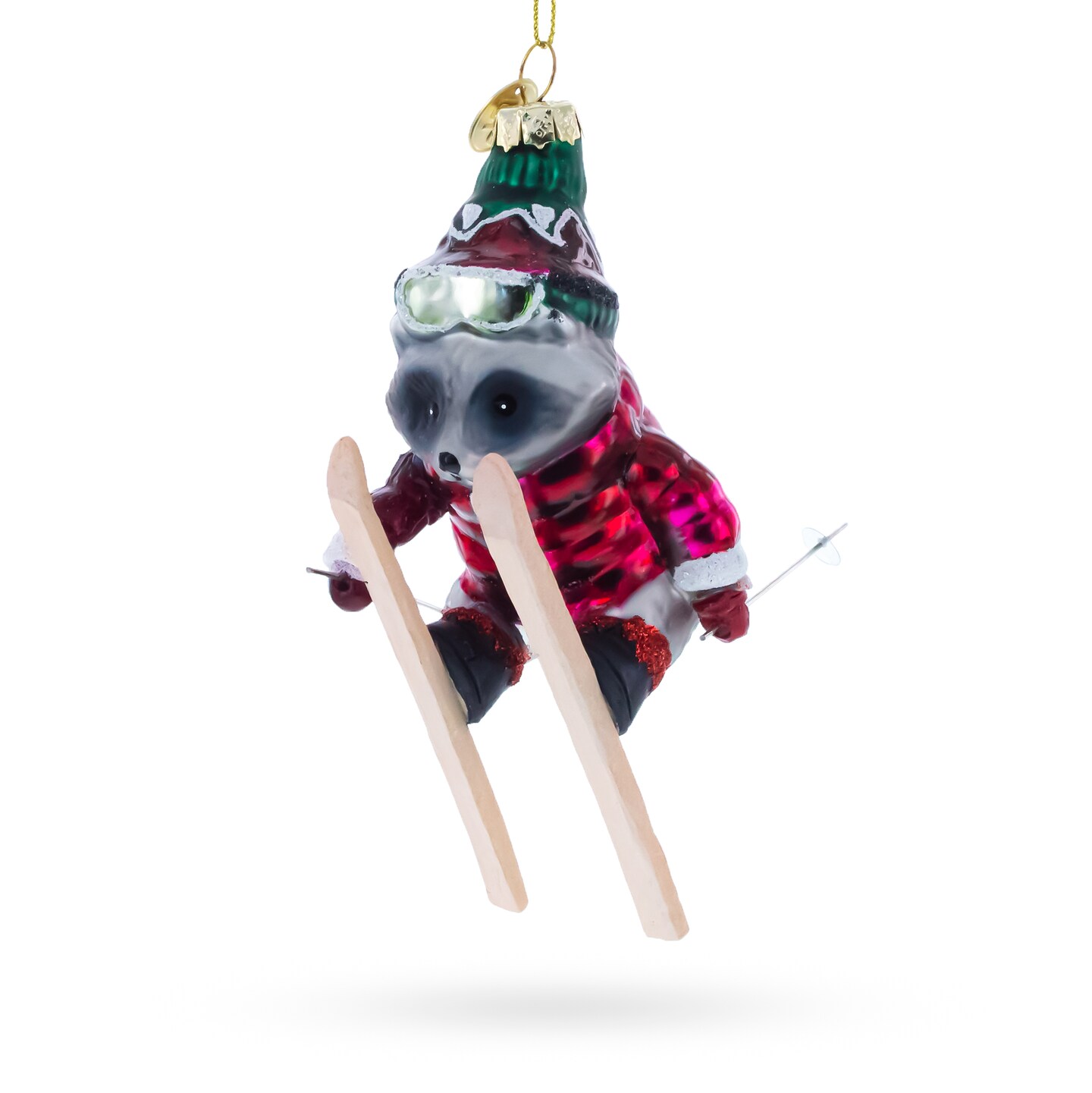 Skiing Raccoon Blown Glass Christmas Ornament