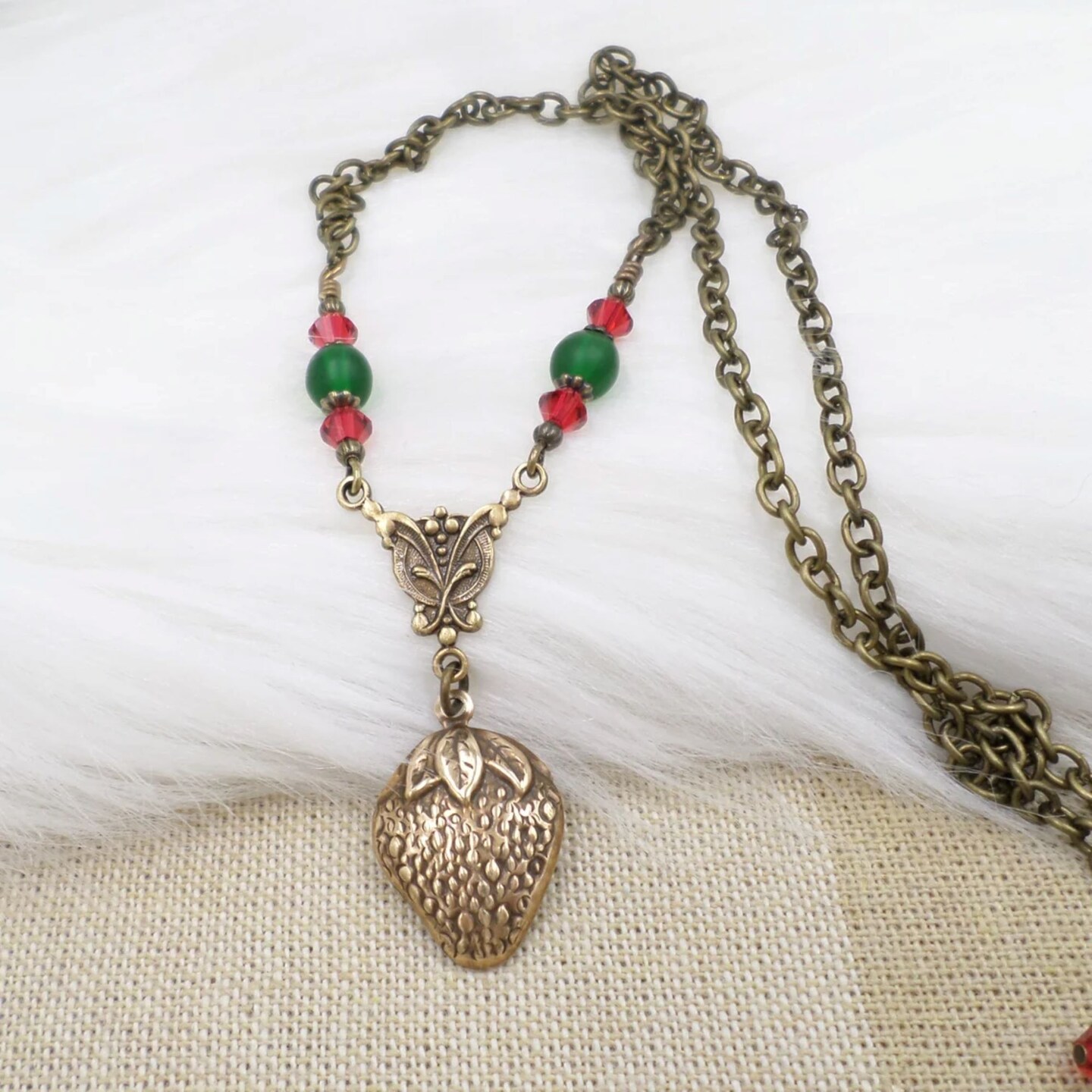 Brass Strawberry Necklace, Cottagecore Necklace, Small Petite Handmade Beaded Jewelry, Nature Lover Gift, Goblincore Aesthetic, Green Red - image8