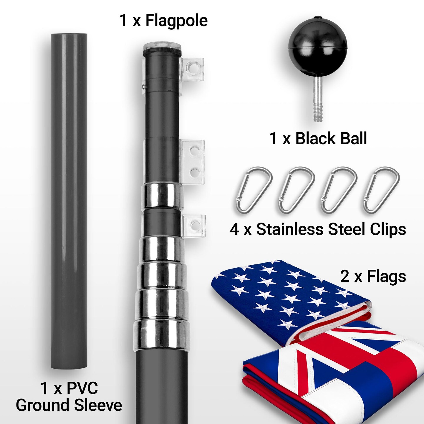 G128 Combo Pack: 20 Ft Telescoping Aluminum Flagpole (Black) &#x26; American and Hawaii Flags 3x5 Ft, Both ToughWeave Series Embroidered Polyester | Pole with Flags Included