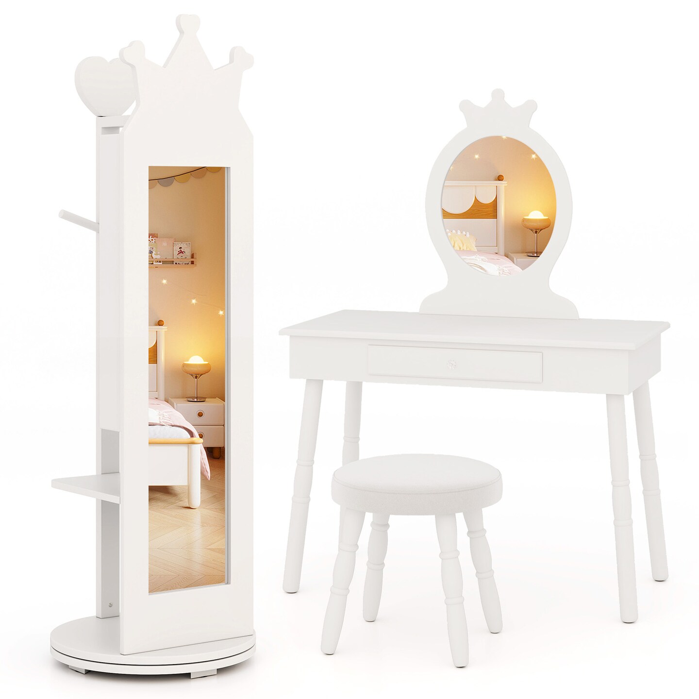 Free-Standing Full Length Mirror Kids Jewelry Armoire Cabinet - 14&#x22; L x 14&#x22; W x 44&#x22; H