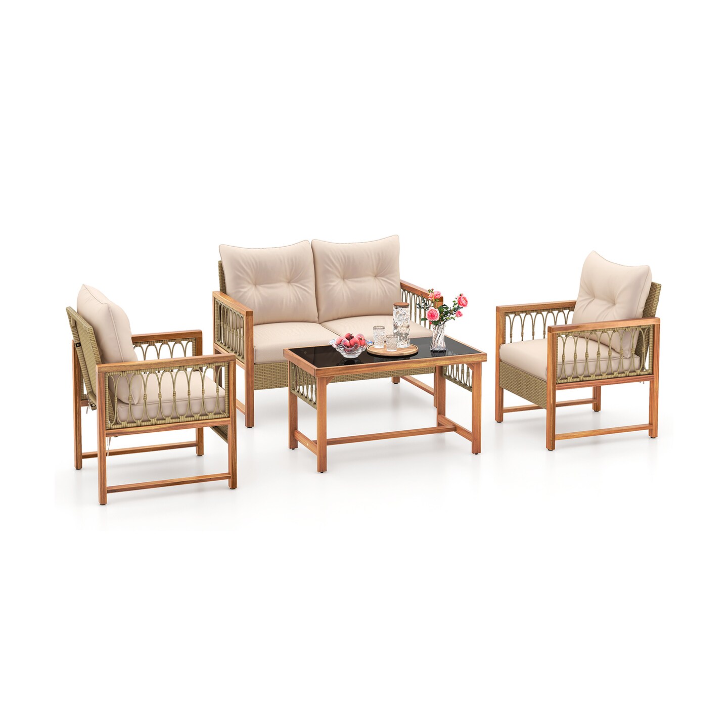 4 Pieces Outdoor Patio PE Wicker Conversation Bistro Set with Acacia Wood Frame-Brown