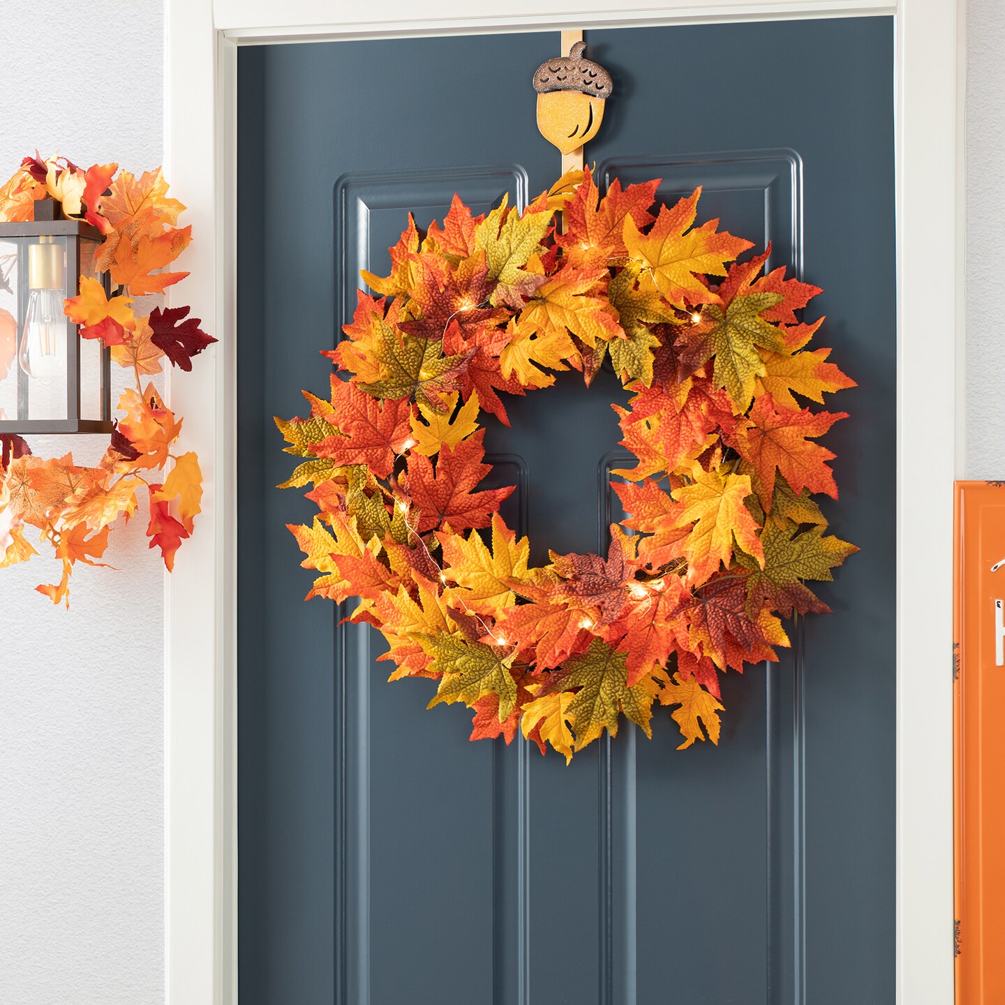 24&#x22;D Fall Lighted Maple Leaves Wreath with Timer