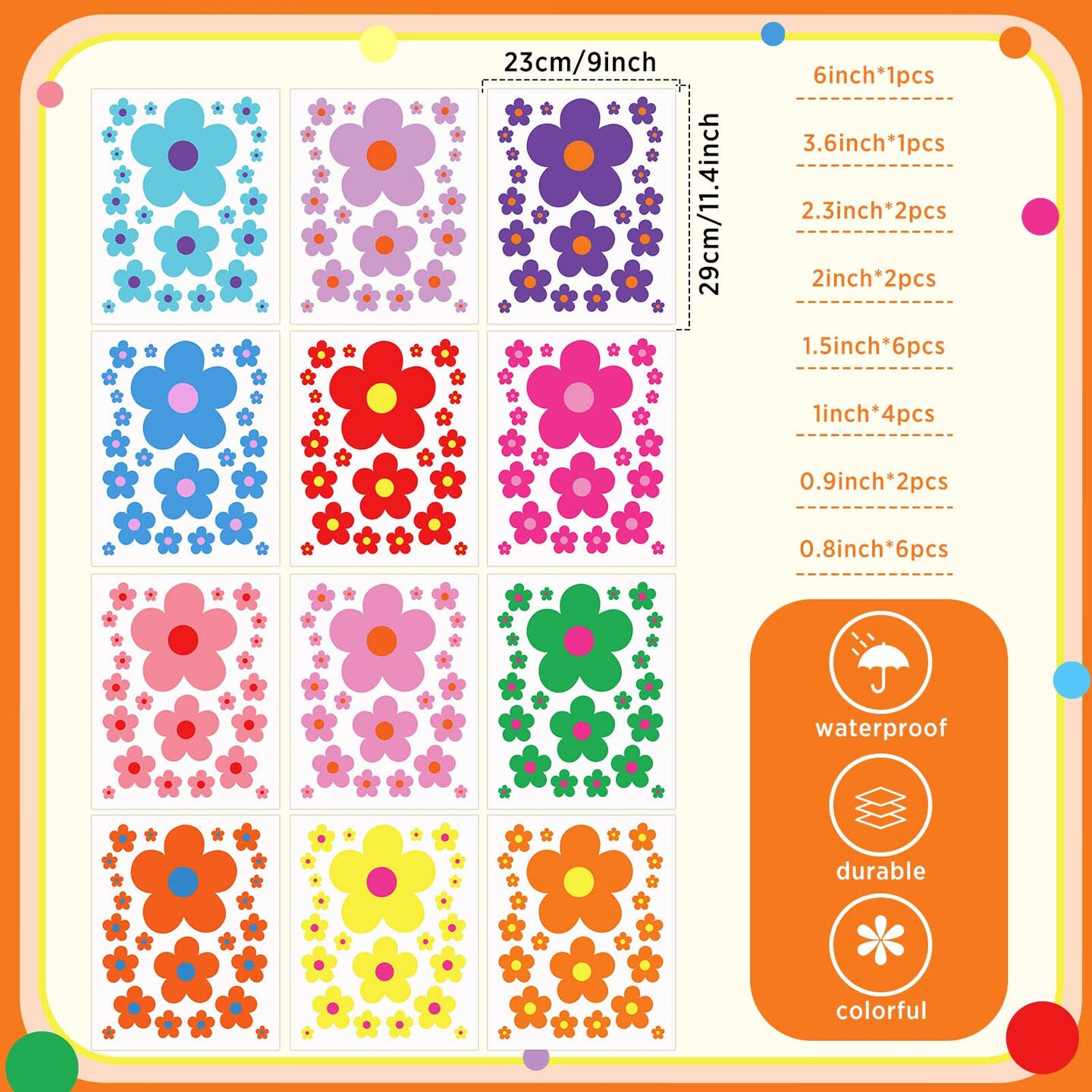 288 Pcs Y2k Cute Flowers Wall Sticker Colorful Floral Wall Decal Vinyl Peel and Stick Preppy Hippie Stickers Aesthetic Wall Flowers Wall Decor for Nursery Bedroom(9.1 x 11.4 Inch,Bright Colors)