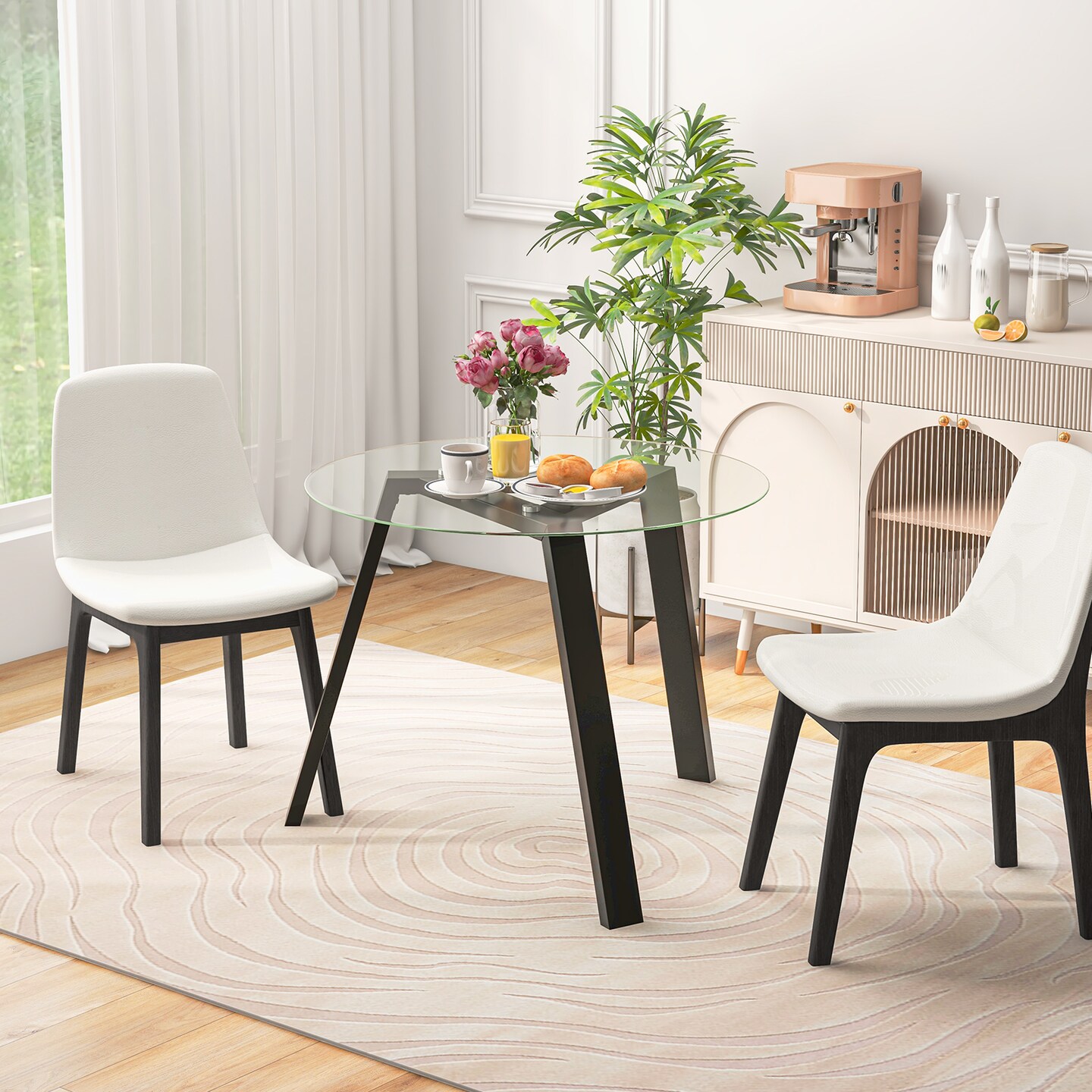36 Inches Round Glass Dining Table for 4 with Rubber Wood Frame-Natural - 36&#x22; x 36&#x22; x 29&#x22;