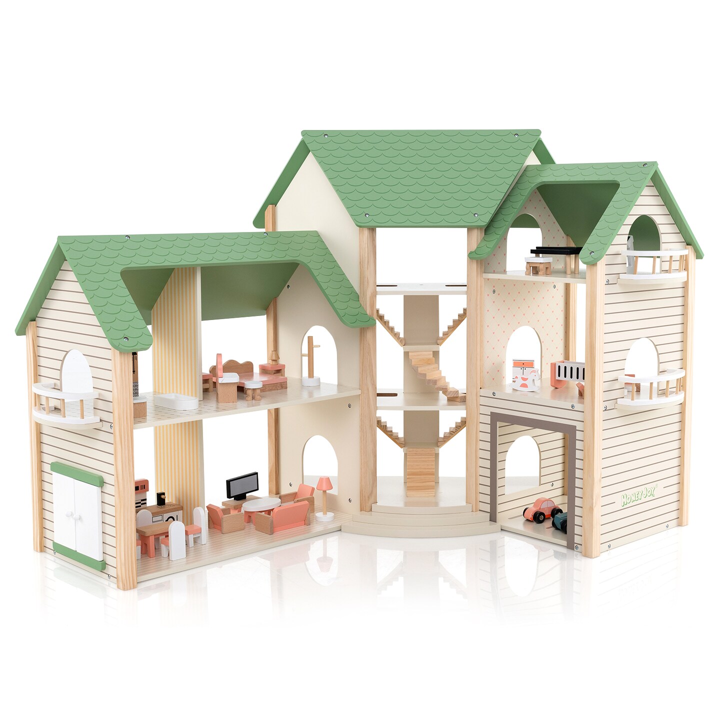 Wooden Corner Dollhouse Playset with 6 Rooms and 36 Pieces for Kids 3+ Years Old - 34&#x22; x 14.5&#x22; x 32.5&#x22; (L x W x H)