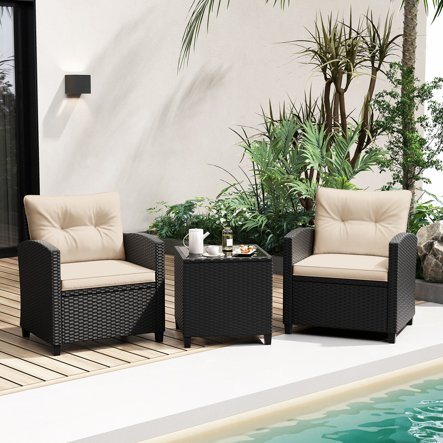 3-Piece PE Rattan Outdoor Furniture Set with Tempered Glass Table and Cushioned Armchairs