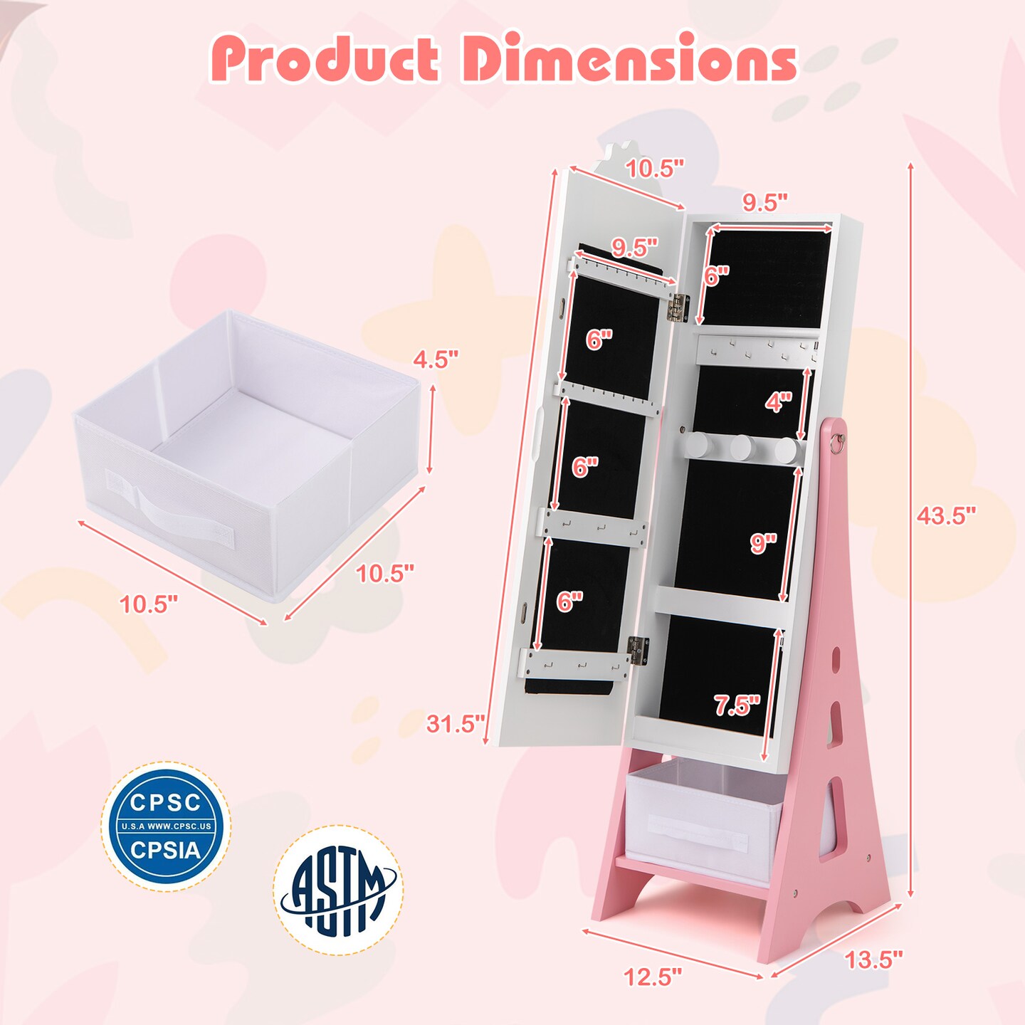 Kids Jewelry Cabinet with Full-Length Mirror and Foldable Drawer