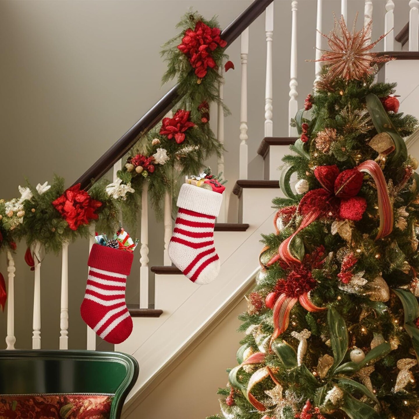 2Pcs Knited Christmas Stockings 8&#x27;&#x27; Red White Strips Chirstmas Stockings Small for Holiday Hanging Decor on Fireplace Shelf Christmas Home Decroation