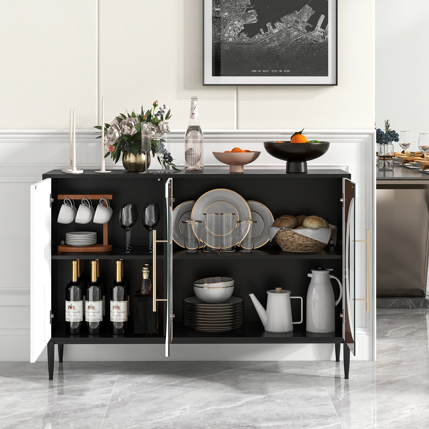 Slickblue Sideboard Cabinet with Tempered Glass Door for Living &#x26; Dining Room Kitchen-White