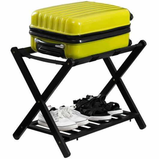 Folding Wood Stand Travel Luggage Rack with Shelf