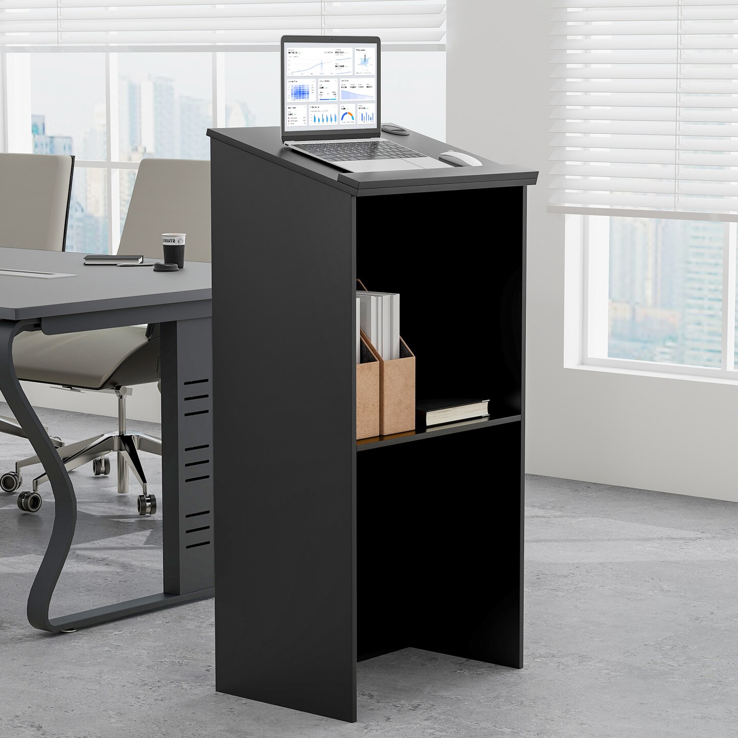 Black Wooden Floor Standing Podium Speaking Lectern with Adjustable Shelf