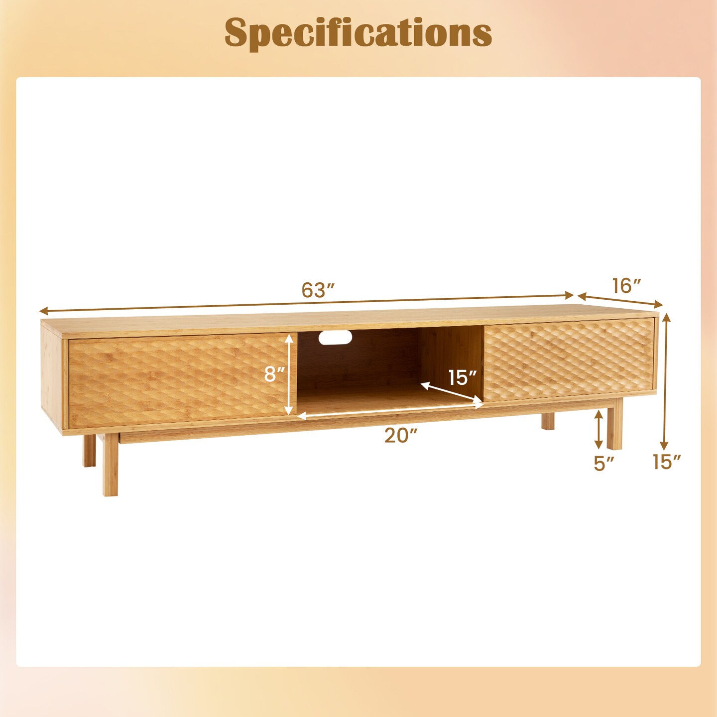 63 Inches Mid Century Modern Wicker TV Stand with Sliding Doors-Natural
