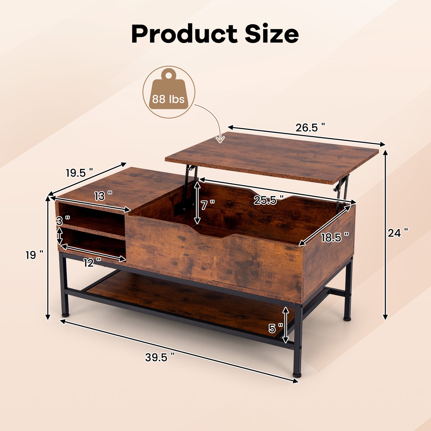 Lift Top Coffee Table with Hidden Compartment and Removable Storage Shelf - 39.5 x 19.5 x 19 (L x W x H)