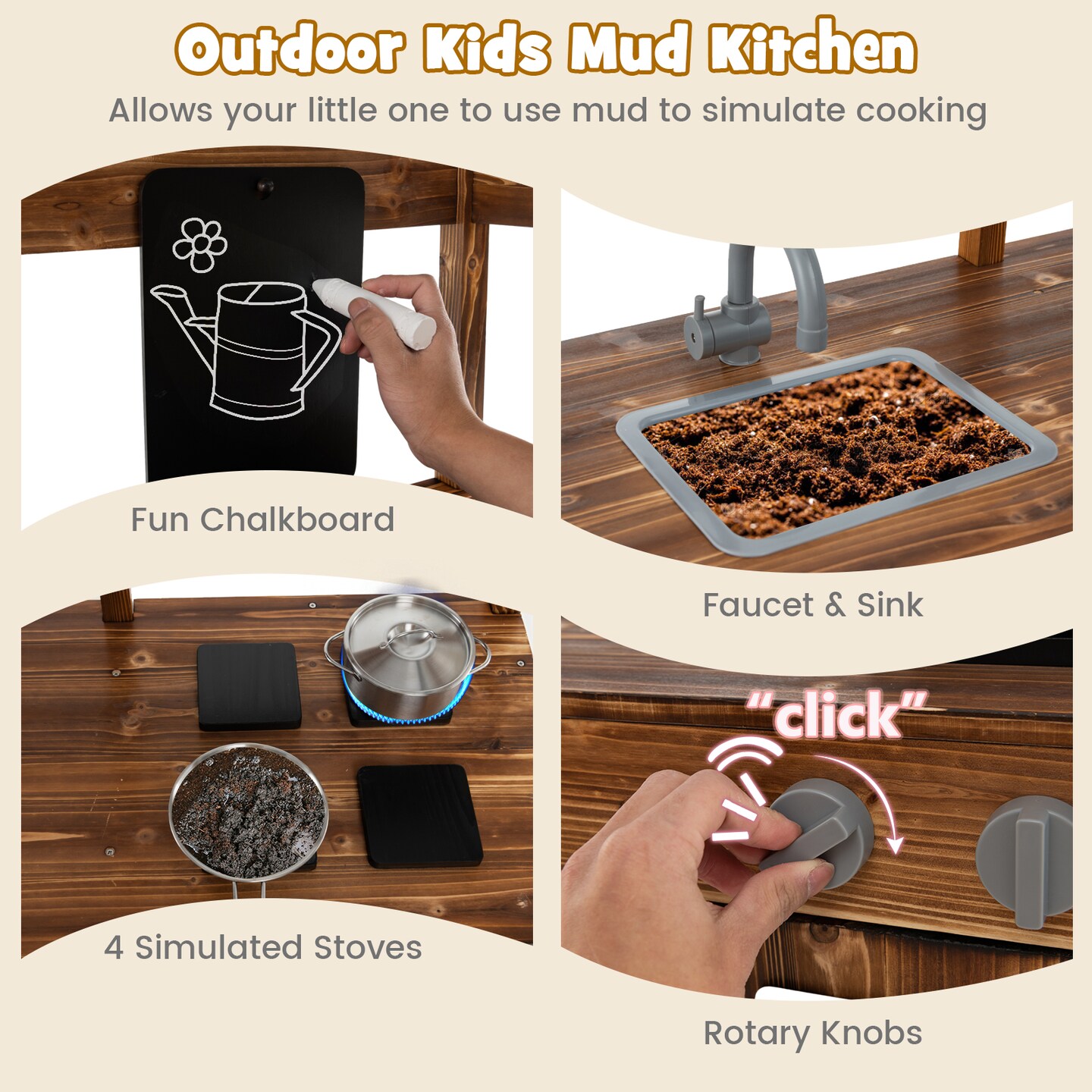 Kid's Mud Kitchen Outdoor Solid Wood Mud Kitchen with Canopy - 39.5" x 16.5" x 49.5"(L x W x H)