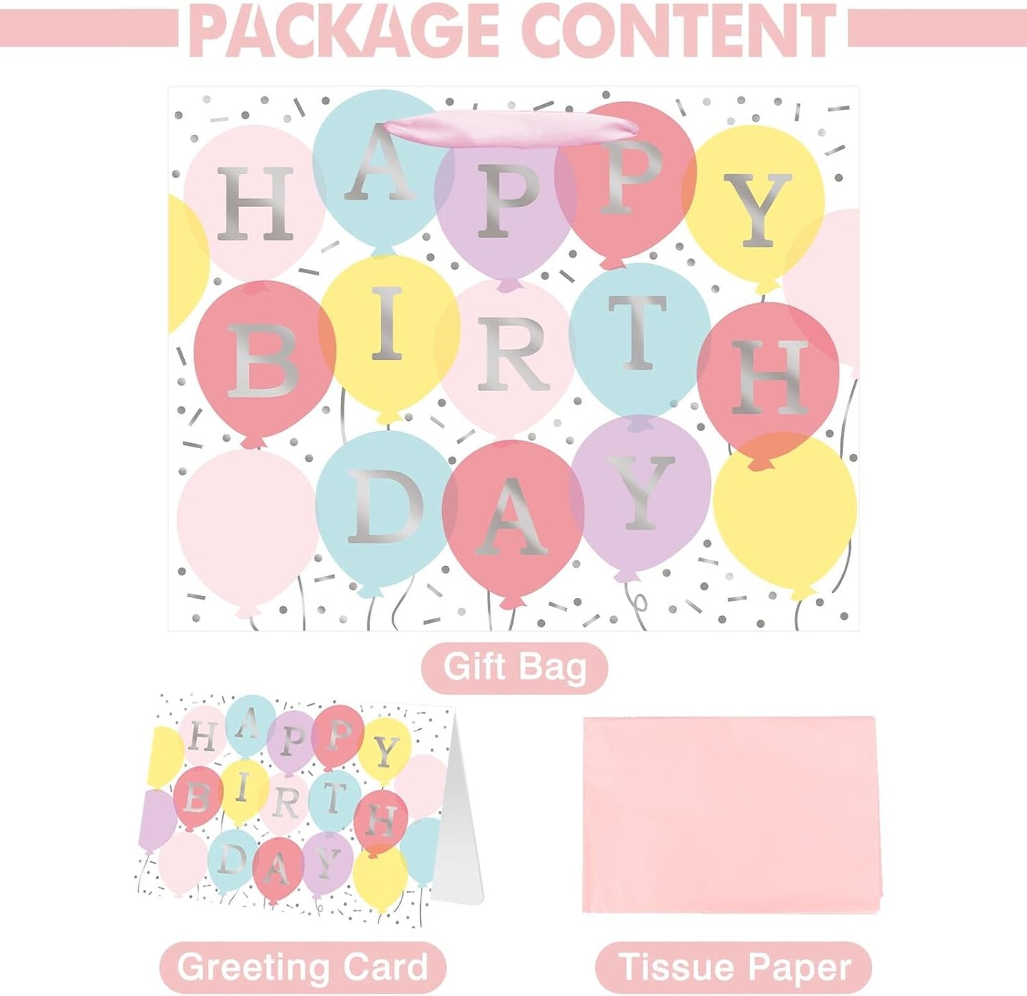 13&#x22; Large Happy Birthday Gift Bag with Tissue Paper and Card for Girls Kids Women Birthday (Colourful Balloon)
