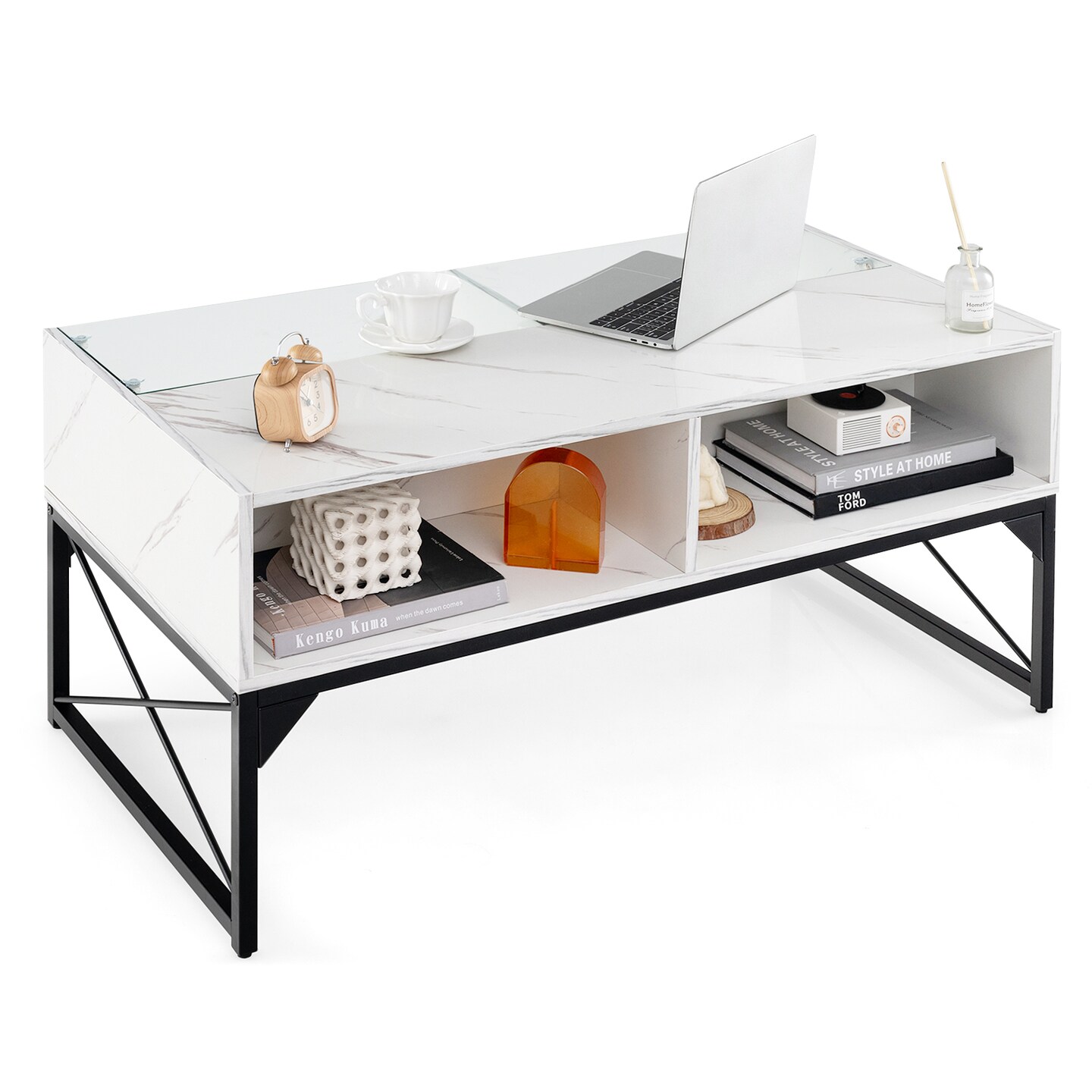 Center Table with Faux Marble and Tempered Glass Top