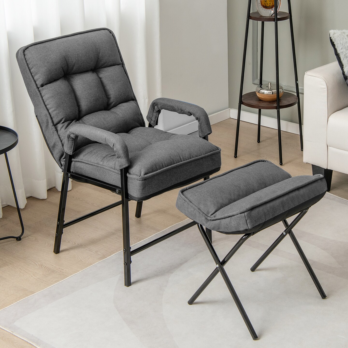 Linen Fabric Modern Accent Chair with Ottoman and Adjustable Backrest