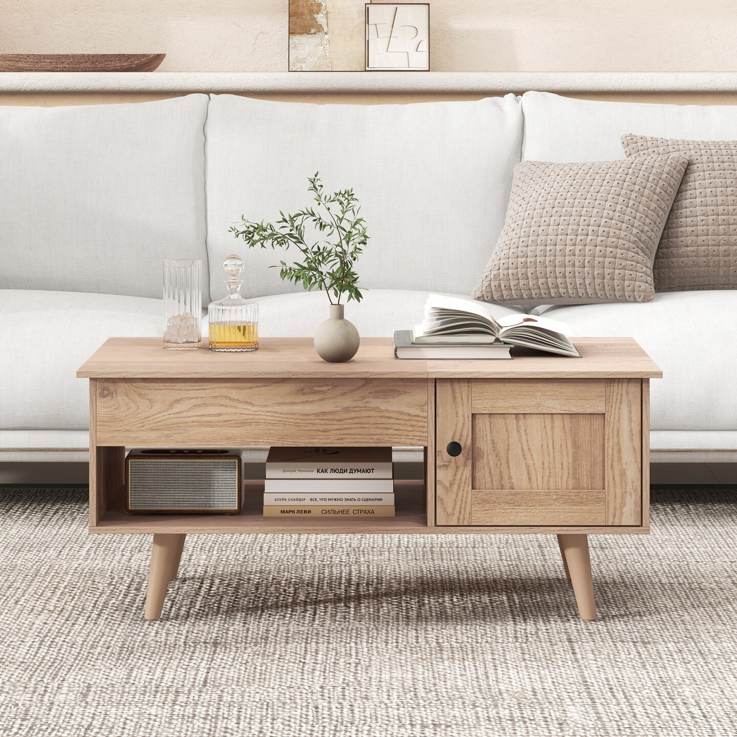 Modern Lift-Top Coffee Table with Hidden Compartment Open Shelf and Side Cabinet Wood Finish