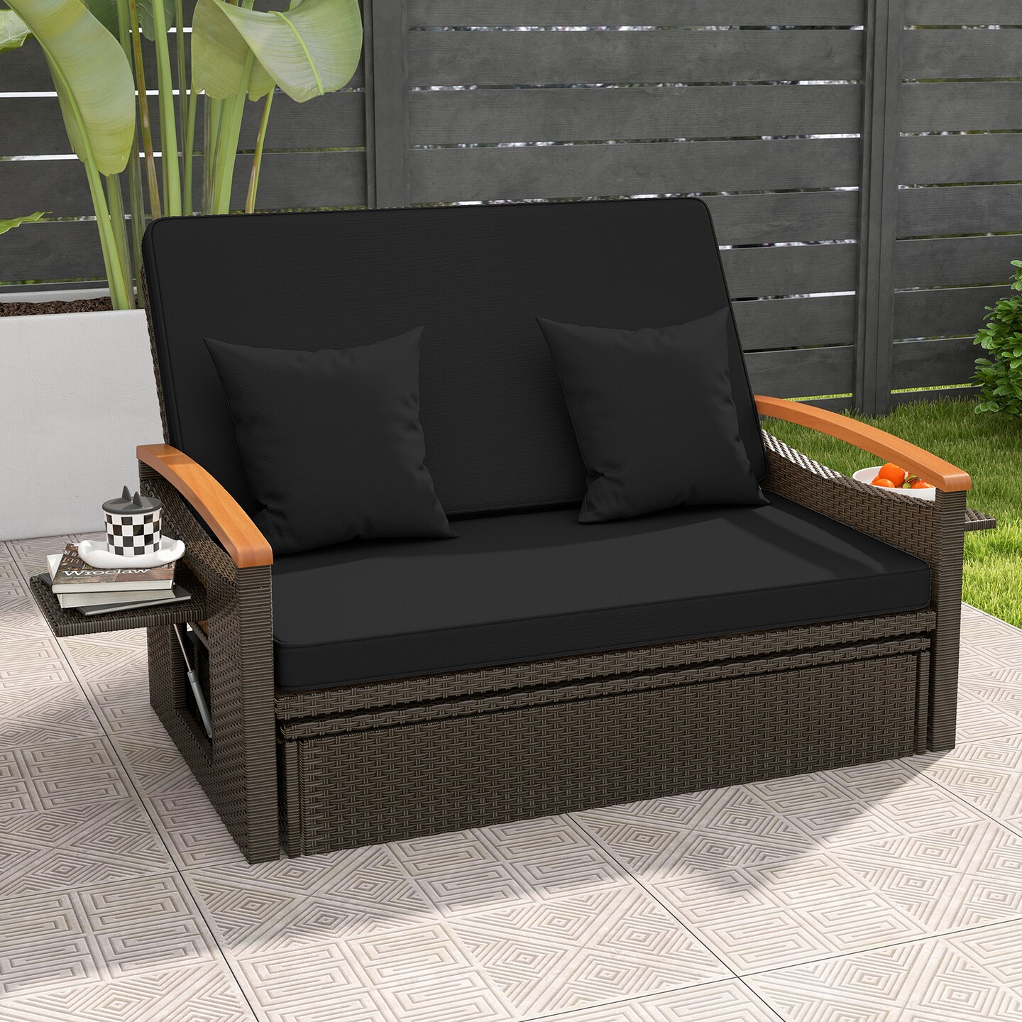 Outdoor Wicker Daybed with Folding Panels and Storage Ottoman