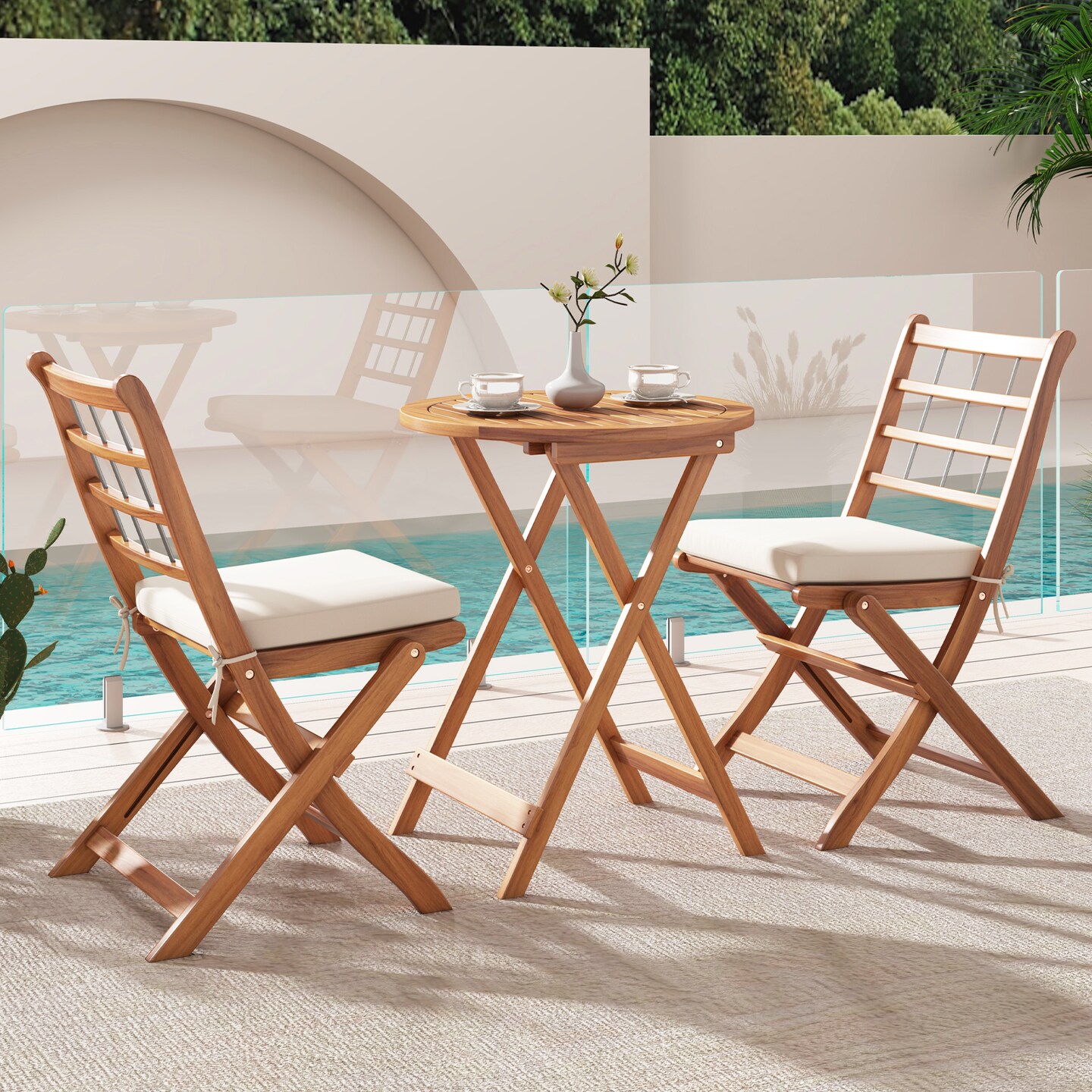 3 Pieces Acacia Wood Patio Bistro Set with Cushions