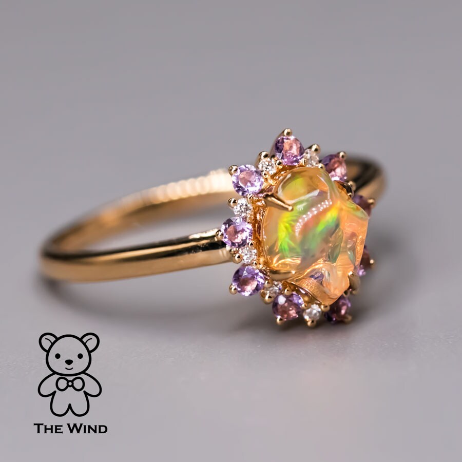 The Wind Opal Mexican Fire Opal Diamond Engagement Ring – 18K Gold, Natural Opal, 1.05 CT