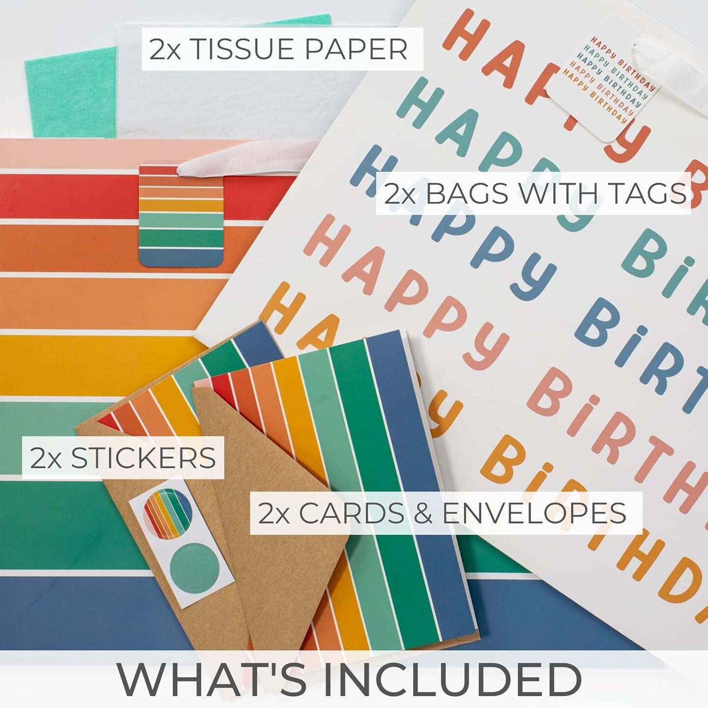 Beautiful Birthday Gift Bags Set of 2 - Large 16&#x22; Bags with Handles Incl. Matching Tissue Paper, Cards &#x26; Stickers - Reusable and Perfect for Presents&#x2026;