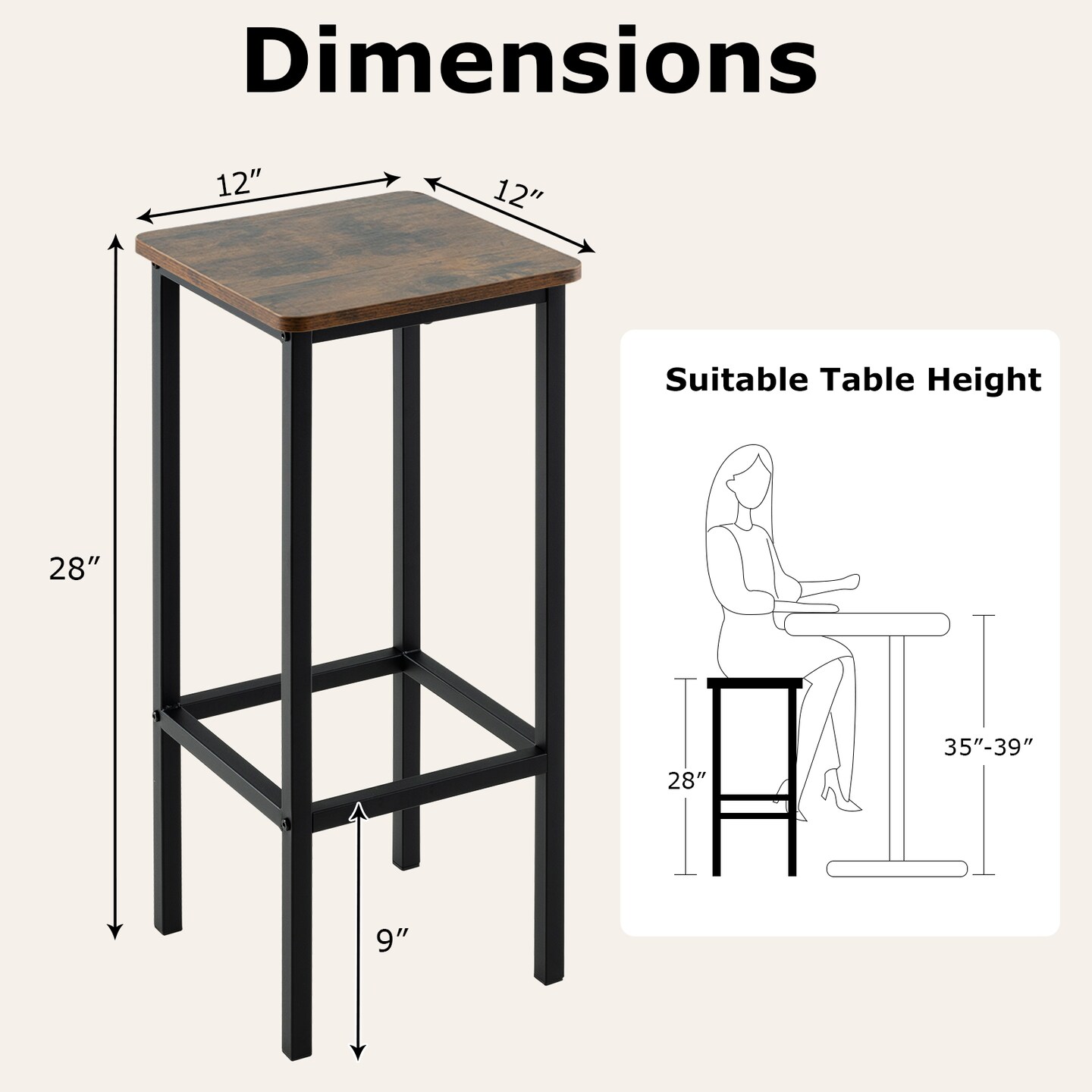 4-Piece Bar Stool Set with Coffee Upholstery and Metal Legs with Footrest - 12&#x22; x 12&#x22; x 28&#x22;