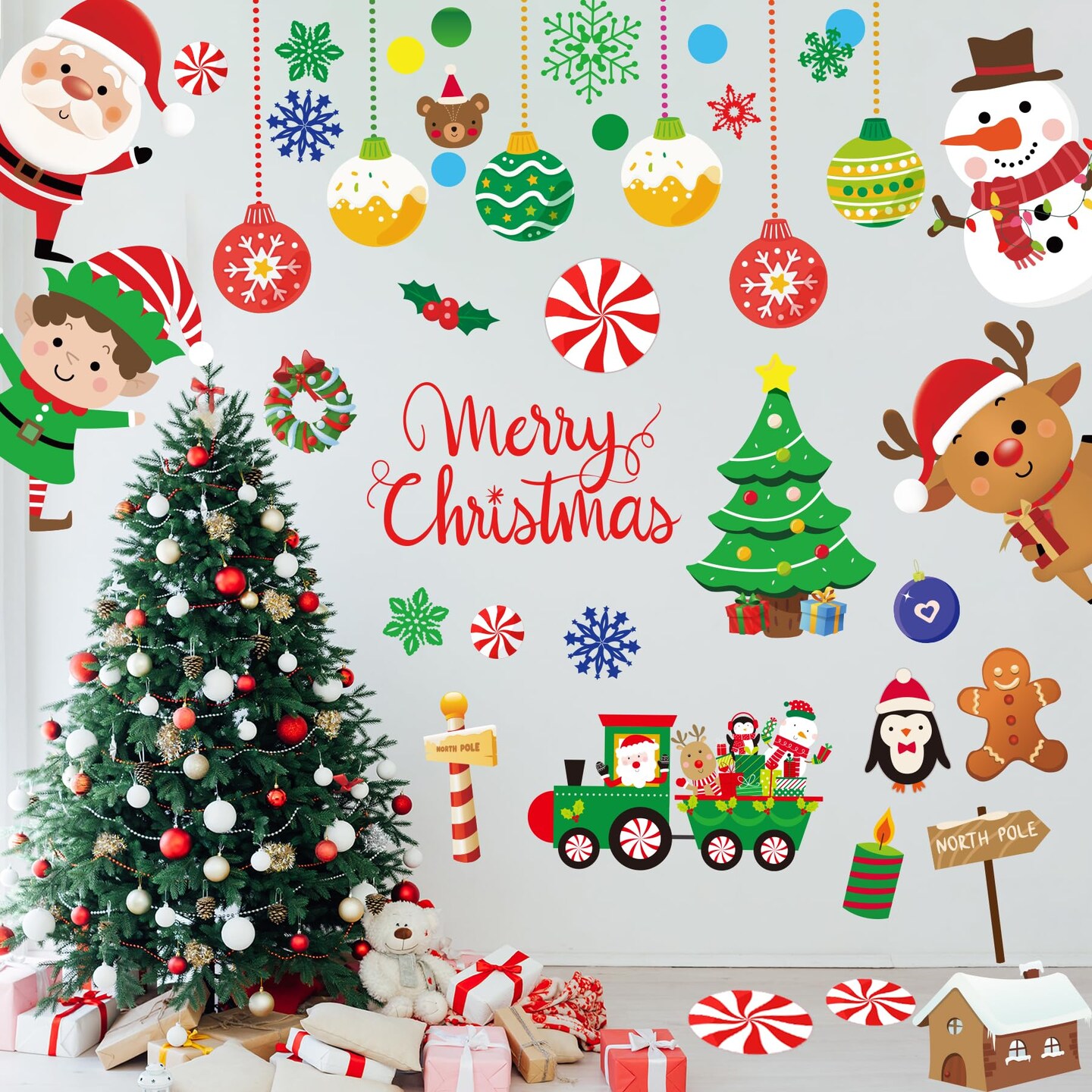 Christmas Wall Decals 96PCS Christmas Wall Stickers Removable Large Merry Christmas Wall Decorations Christmas Bathroom Wall Decor Santa Claus,Snowman,Reindeer Window Clings for Outdoor,Indoor