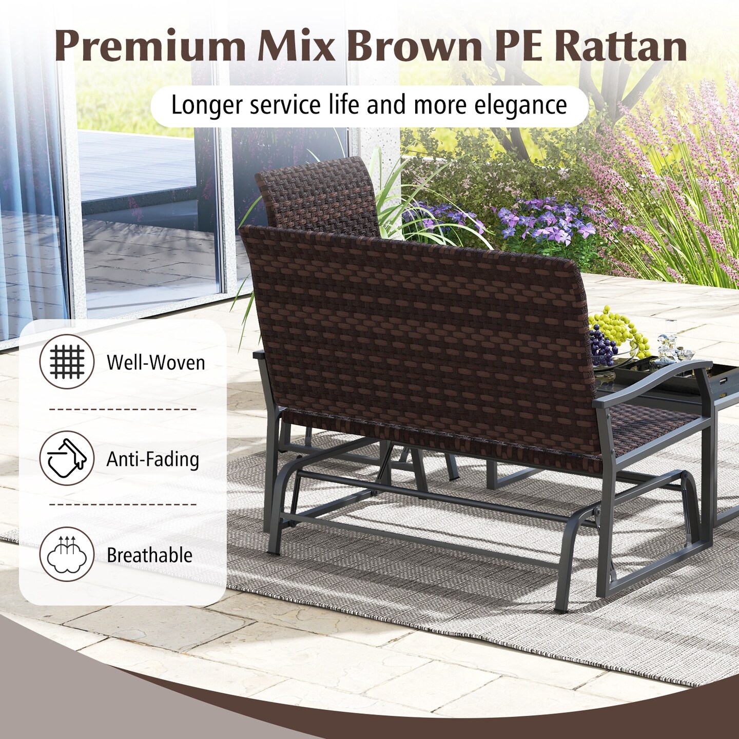 4 Piece Patio Gliding Set Wicker Swing Glider Furniture Set -Brown