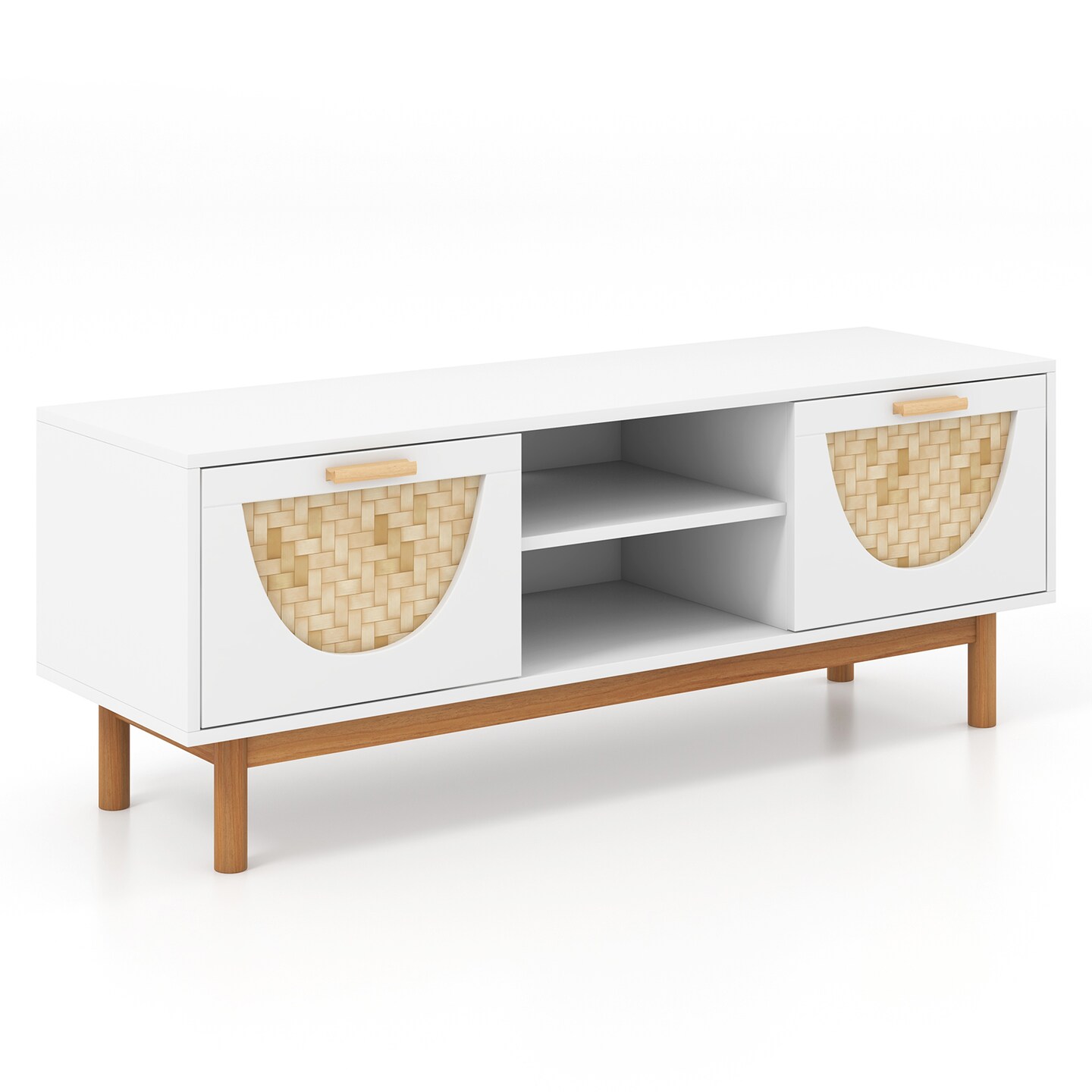 Mid Century Modern TV Stand Entertainment Center for 55-Inch TV with 2 Drawers and Wicker Woven Fronts-White