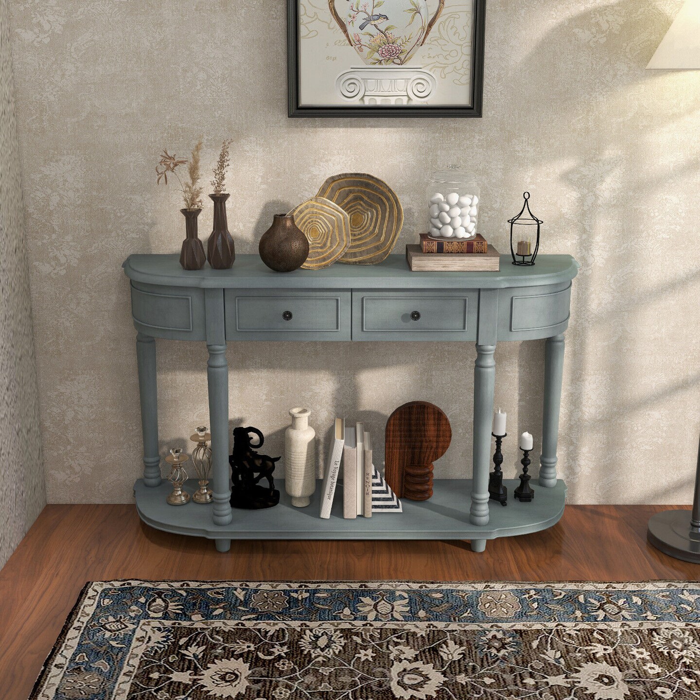 52&#x22; Retro Console Table with 2 Drawers and Open Shelf Entryway Sofa Table-Blue